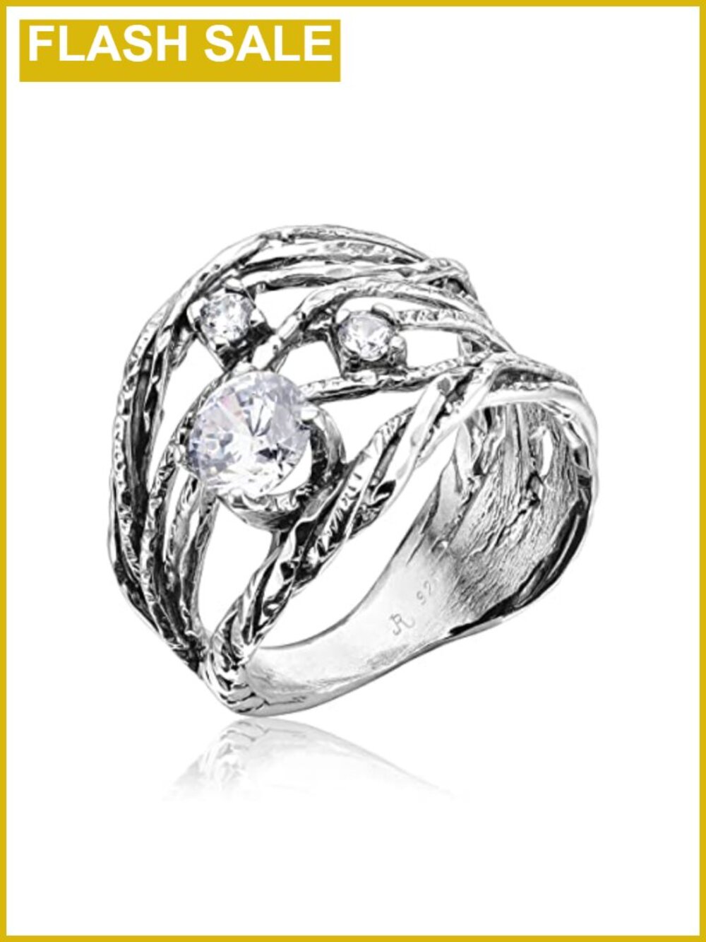 925 Sterling Silver Vintage Statement Ring with Cubic Zirconia, Prong Set,